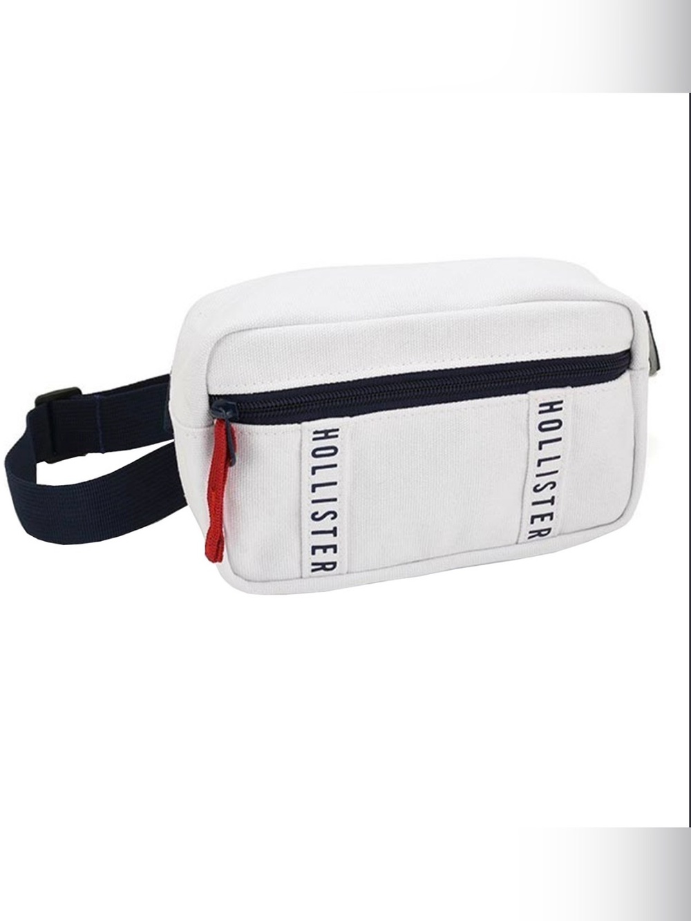 NWT Hollister White Canvas Belt Bag with Navy Strap and Red Zipper Pull